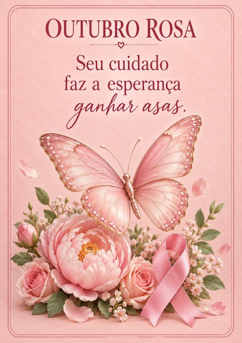 Imagem de Outubro Rosa com borboleta rosa sobre flores e laço de conscientização, com mensagem sobre esperança